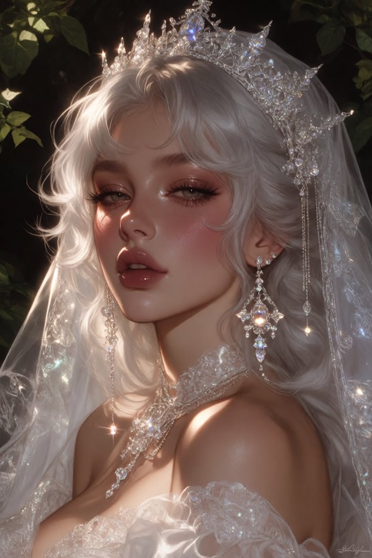 close-up semi realistc fantasy bridal portrait,  a woman with silver-white curls and luminous smooth skin illuminated agai...
