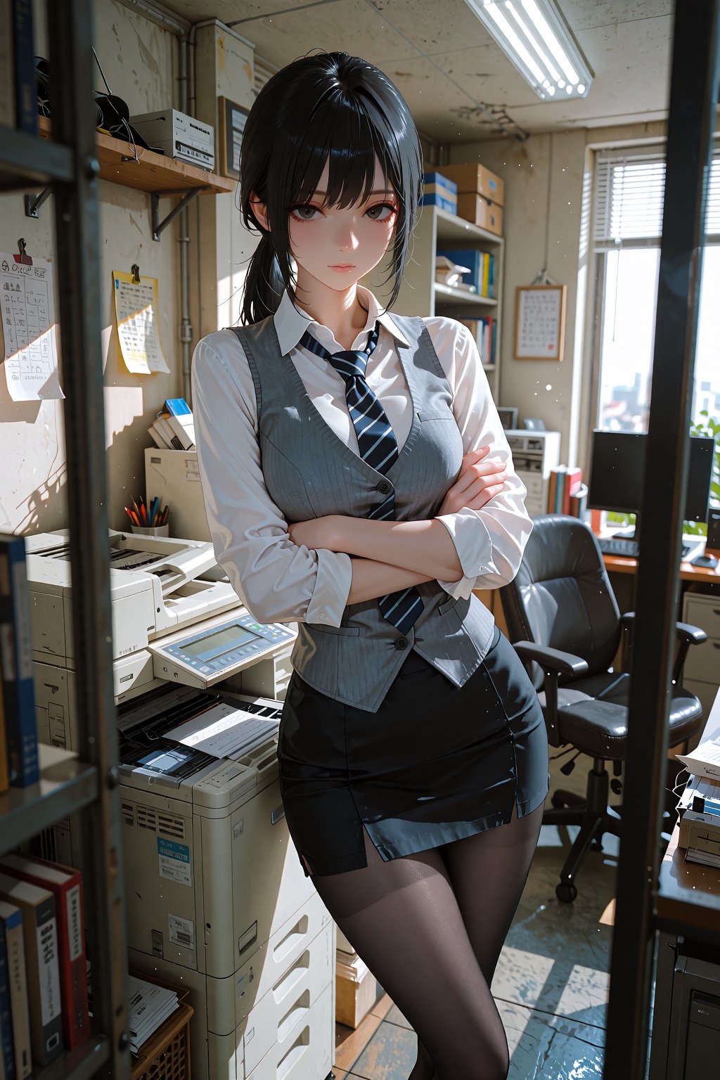 An anime illustration of a young Asian office lady leaning against a stack of beige photocopiers in a cramped office utili...