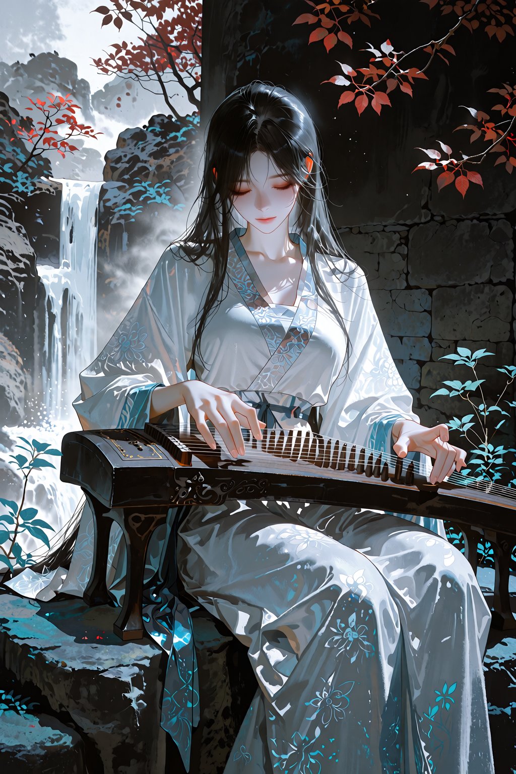A masterful composition in classical Chinese ink style brings forth a single woman seated upon a mossy rock beside cascadi...