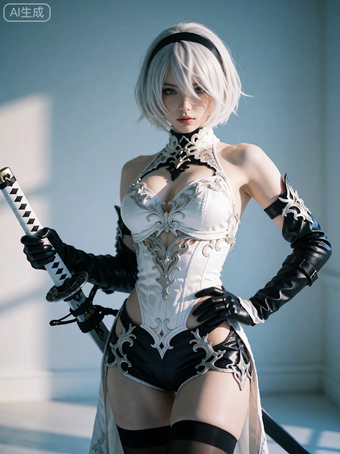a digital illustration shoot from a portrait camera angle about a character with short white hair holding a sword,  dresse...