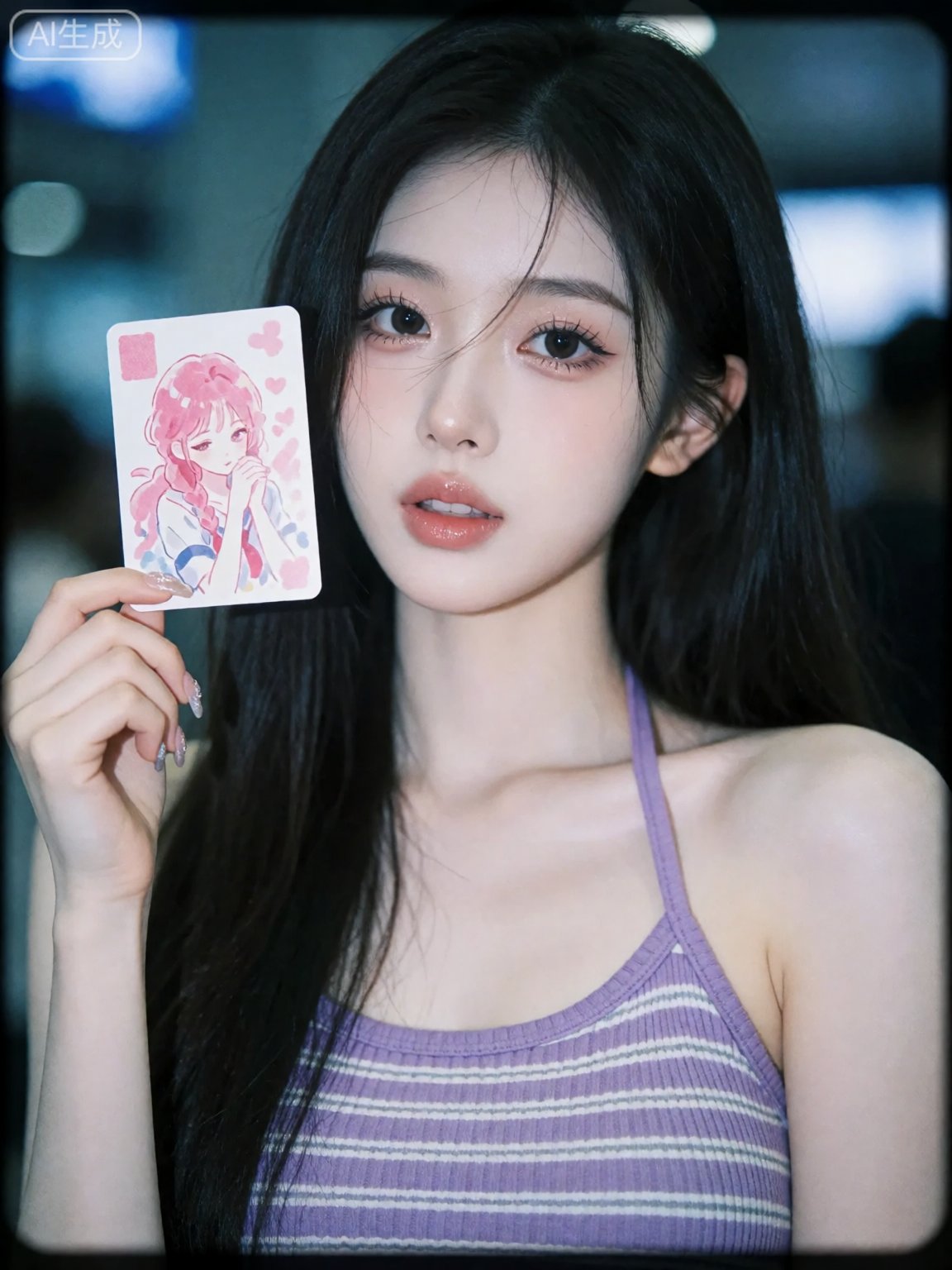 The image is a photograph of a young woman with long,  straight black hair,  taken from an eye-level angle. She has fair s...