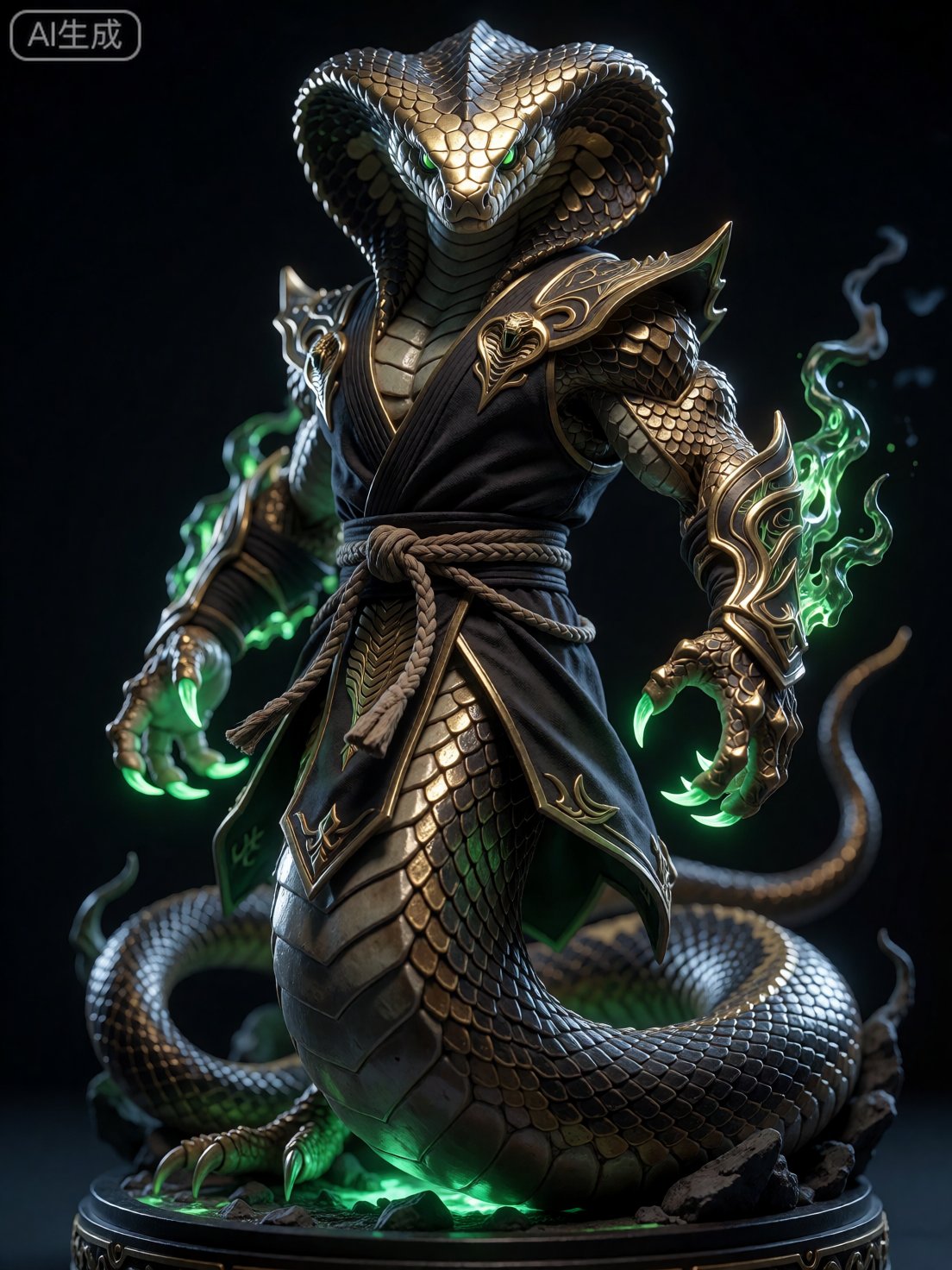 A highly detailed fantasy miniature figure of an anthropomorphic cobra warrior,  featuring a striking gold-scaled serpenti...
