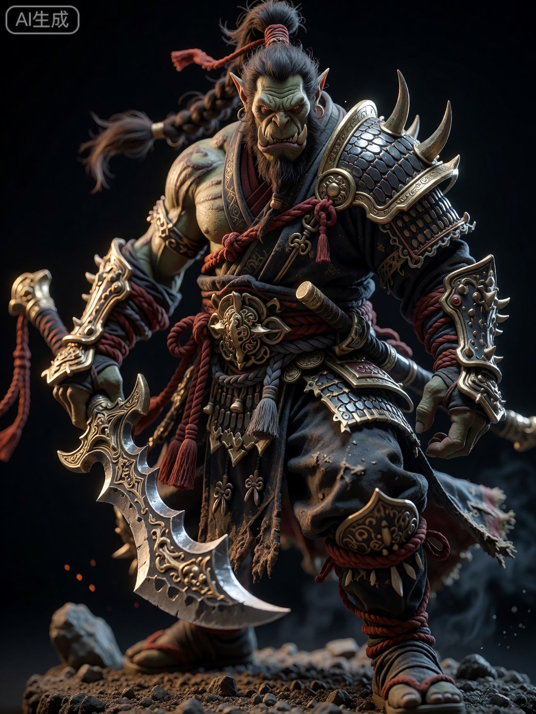 A highly detailed,  professional-grade miniature painting of a fierce male orc warrior standing in a combat-ready pose aga...