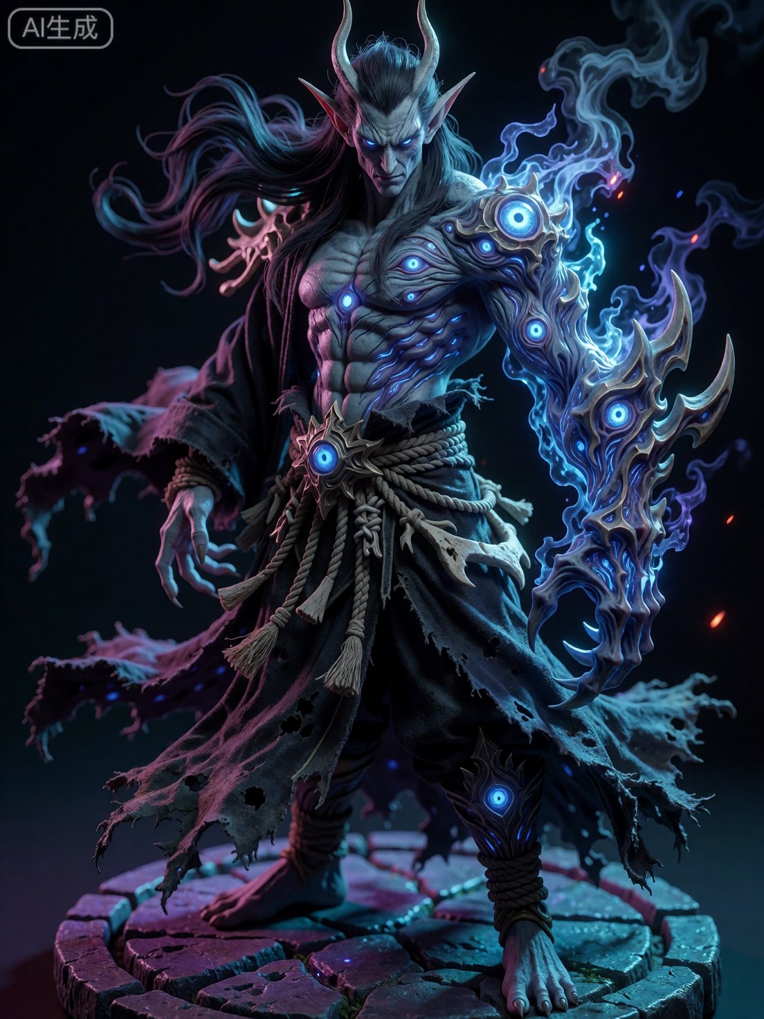 A high-detail 3D render of a malevolent elven deity,  tall and muscular,  with pale blue skin by Sayid on Tensor.Art