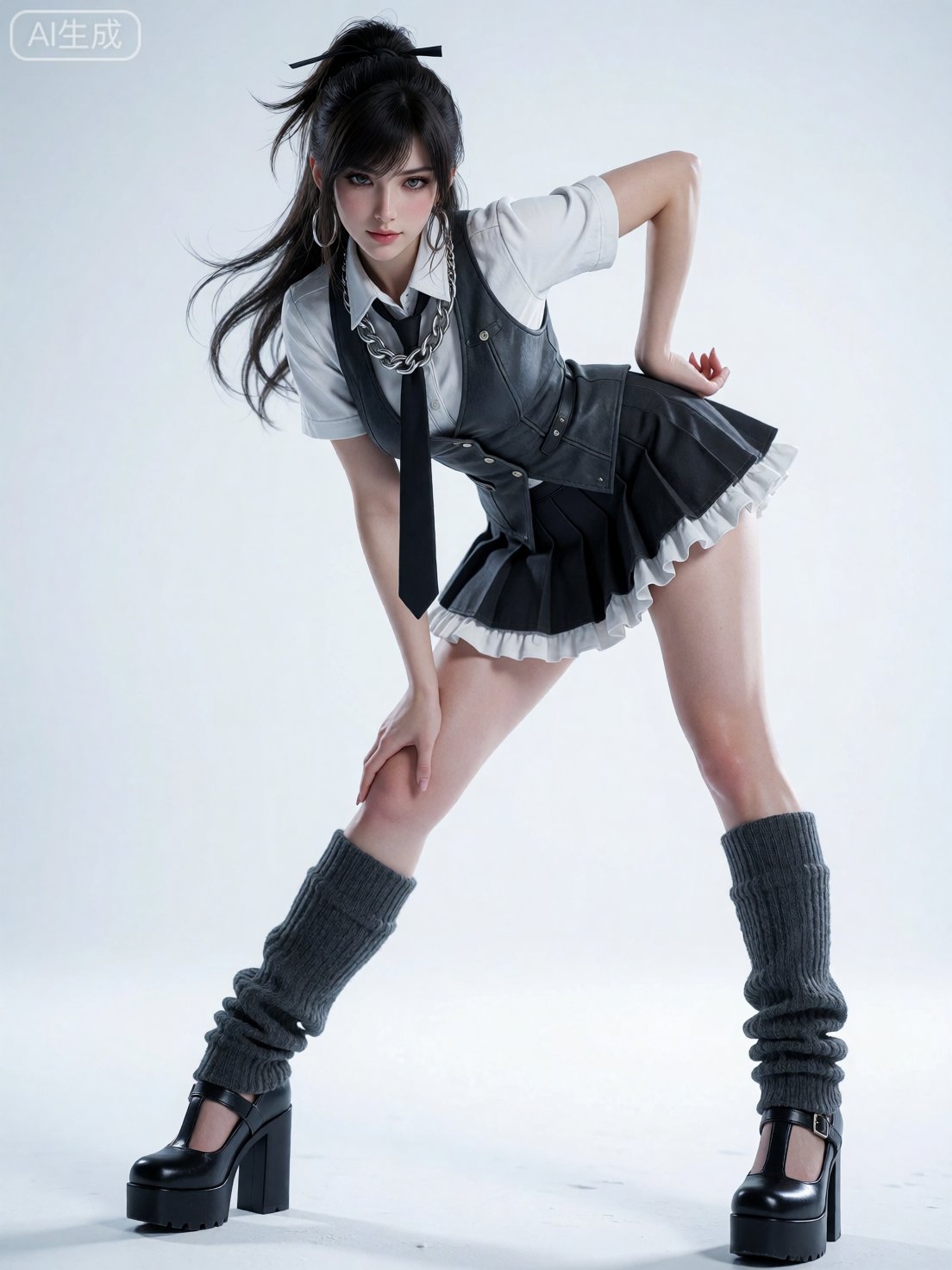 StellarBladeEve with a confident,  slightly seductive gaze directed at the camera; her dark hair is styled in a messy half...