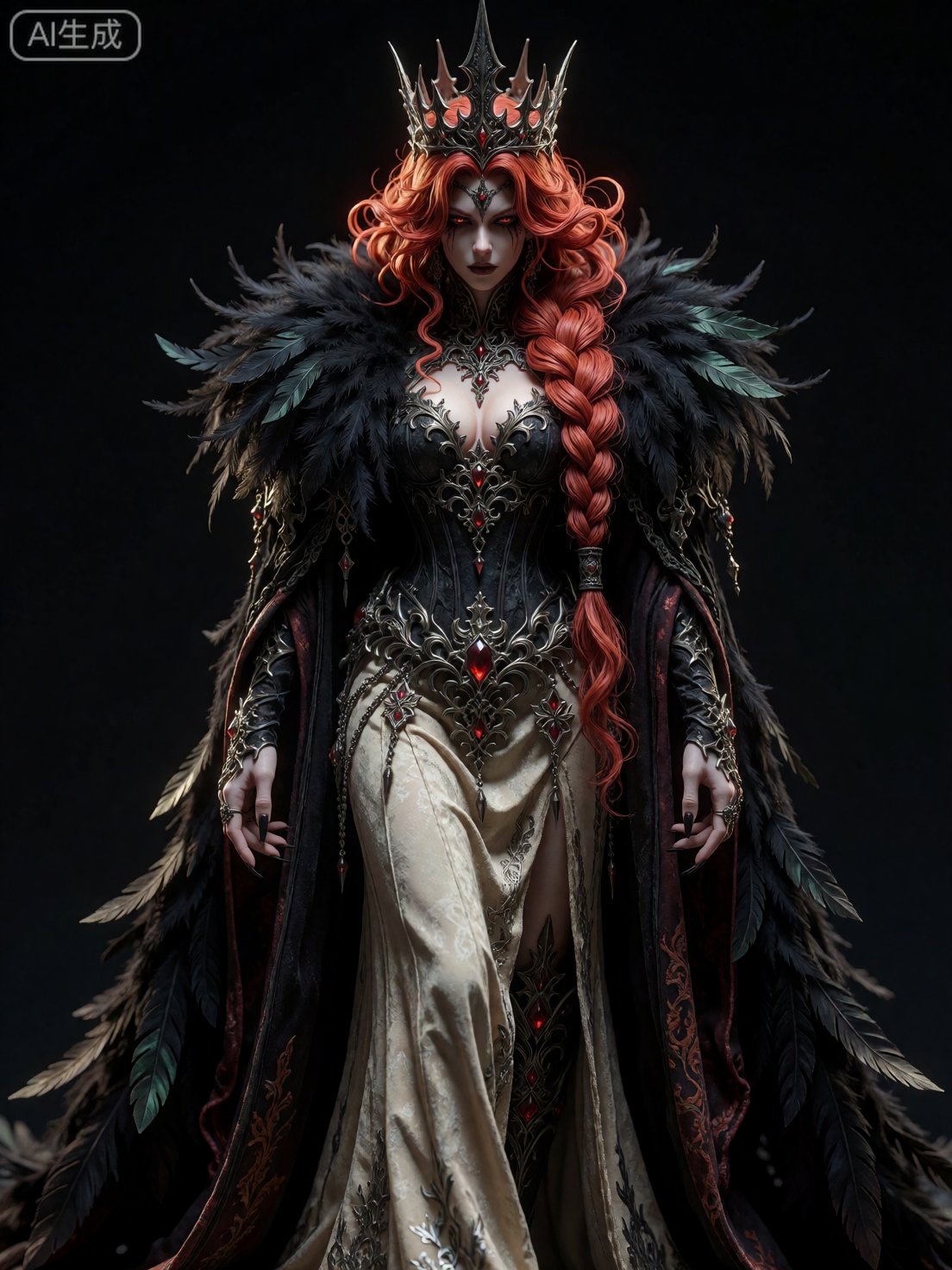 A high-quality studio photograph of a gothic fantasy queen miniature figurine,  standing tall with a regal and imposing pr...