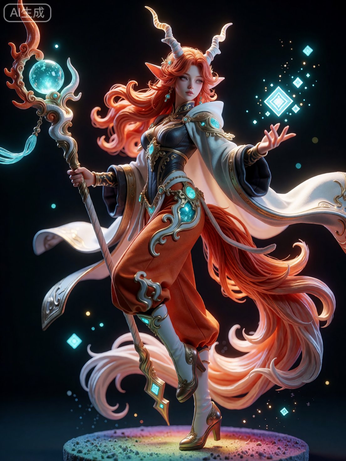 A high-quality 3D digital render of an enchanting unicorn-human hybrid character in a dynamic,  stylized pose. The charact...
