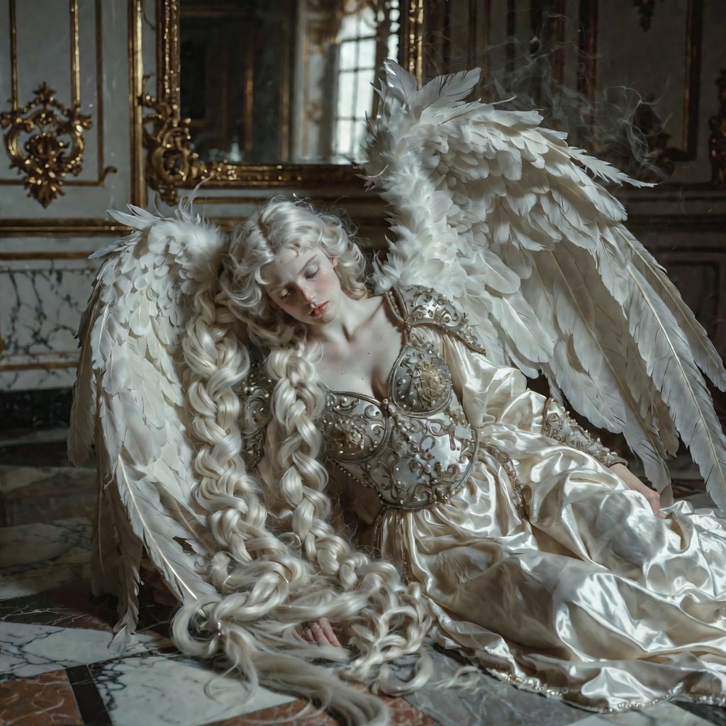 A hyper-detailed cinematic shot of a sorrowful fallen angel with striking albino features,  translucent pale skin,  and cl...