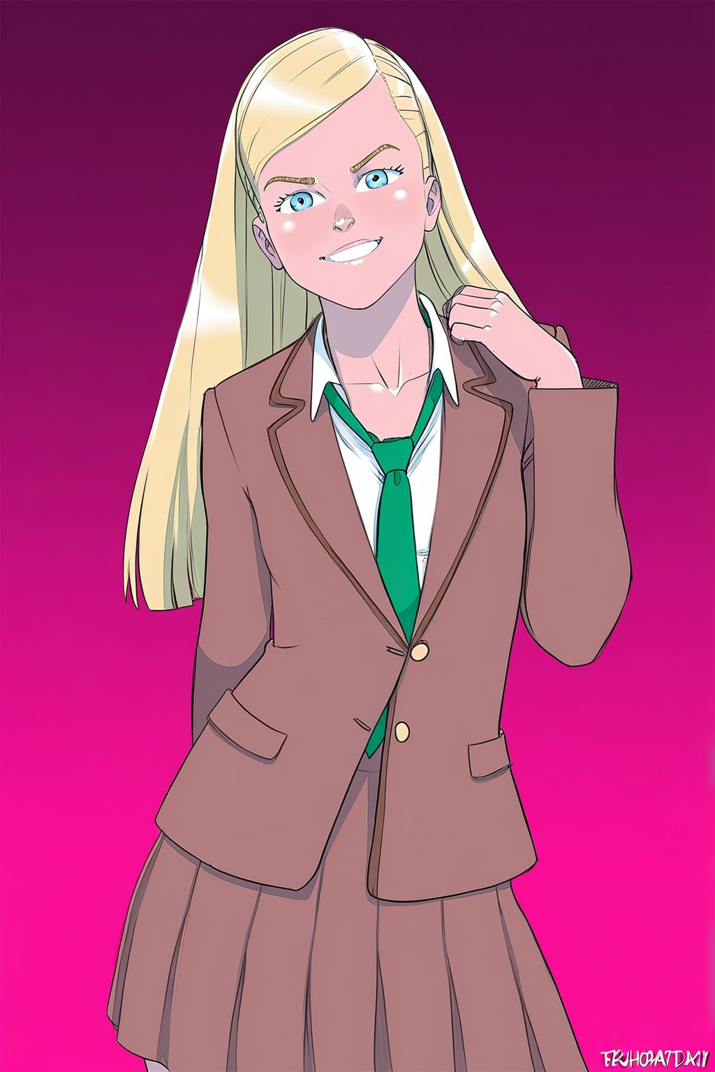(tekuhoart),  1girl with blonde hair and blue eyes in a cute solo pose,  looking directly at the viewer. She is wearing a...