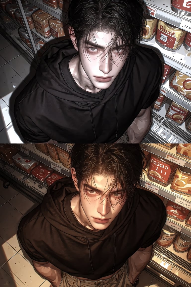 A tall,  handsome man with black hair and eyes stands in a grocery store,  his gaze locking with the viewer’s. He wears a...