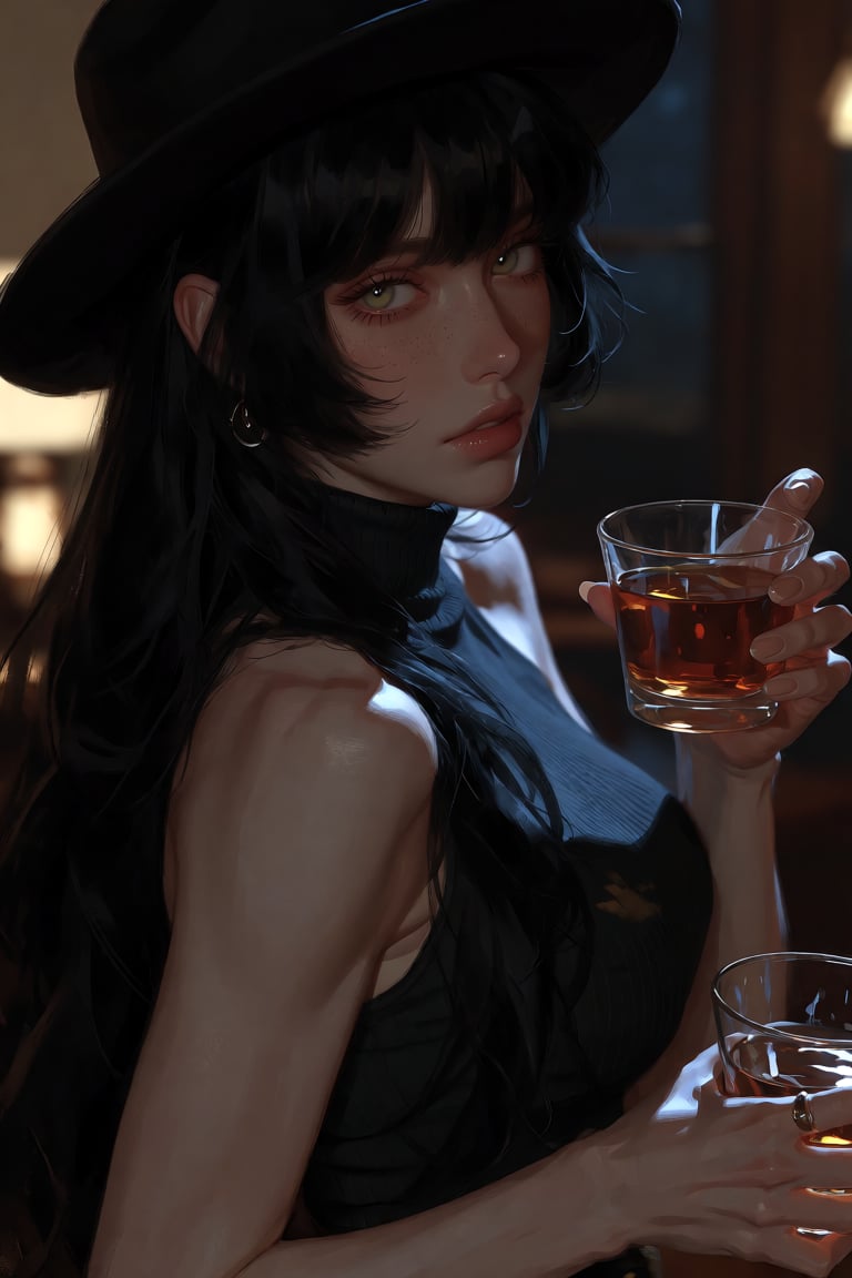 Character: A woman with long,  black hair and a hat,  looking directly at the viewer with parted lips and green eyes by Pi...