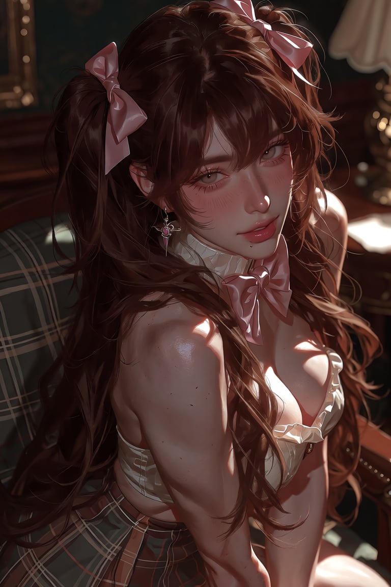 Character: Create a detailed illustration of a woman with long,  flowing brown hair,  styled in twin tails by PinkCotton �...