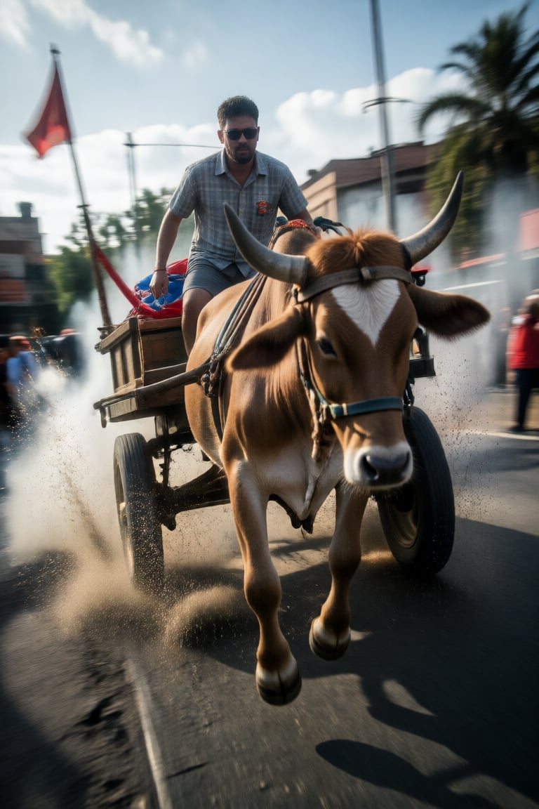 bullock cart in fast speed,  motion blur,  splash by DAstudios on Tensor.Art