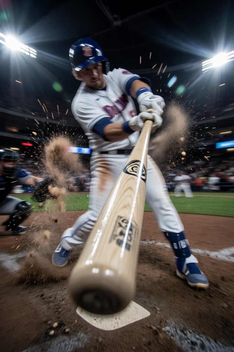 An extreme 10mm ultra-wide perspective photograph focused strictly on the glossy wooden baseball bat. The bat's wood grain...