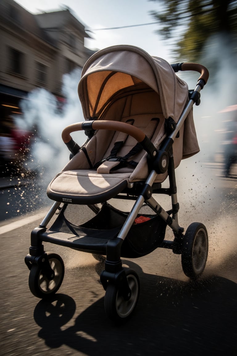 empty baby stroller in fast speed,  motion blur,  splash by DAstudios on Tensor.Art