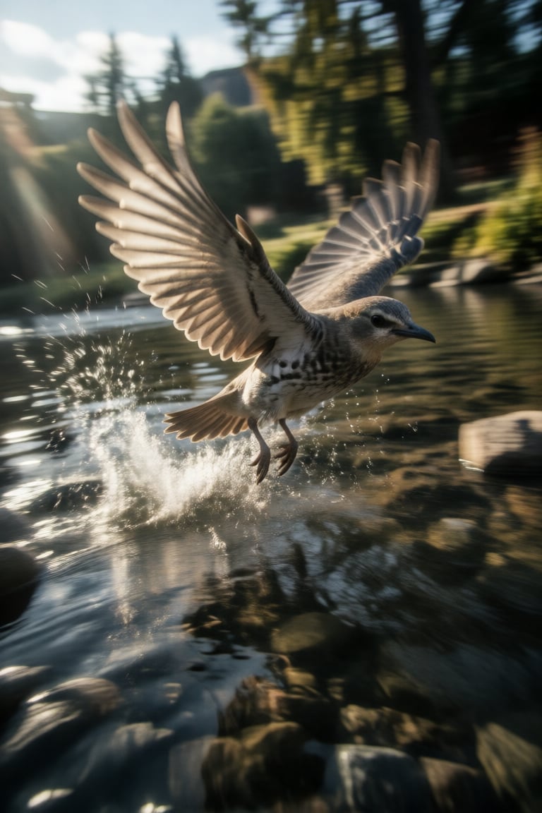 bird flying slightly above the river in fast speed,  background in motion blur,  splash by DAstudios on Tensor.Art