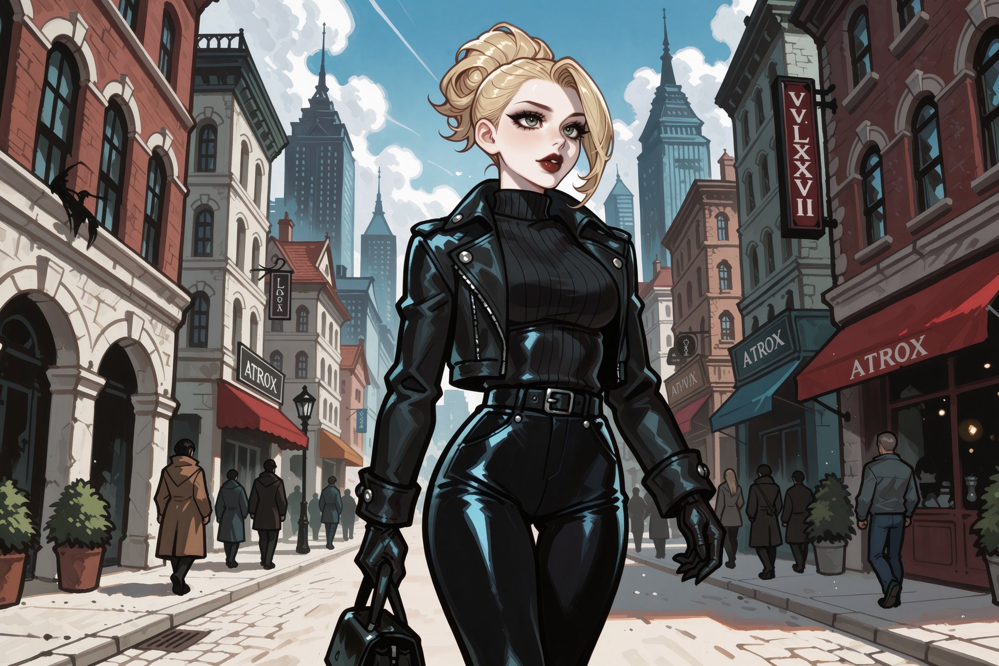 Vv.LXVIII - Atrox,  A blonde woman strolling through the city by ValienteVanguard68 on Tensor.Art