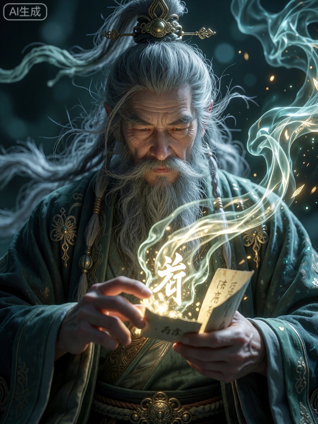 神秘的,  一个50岁的老道人,  手拿一张符 by Sayid on Tensor.Art