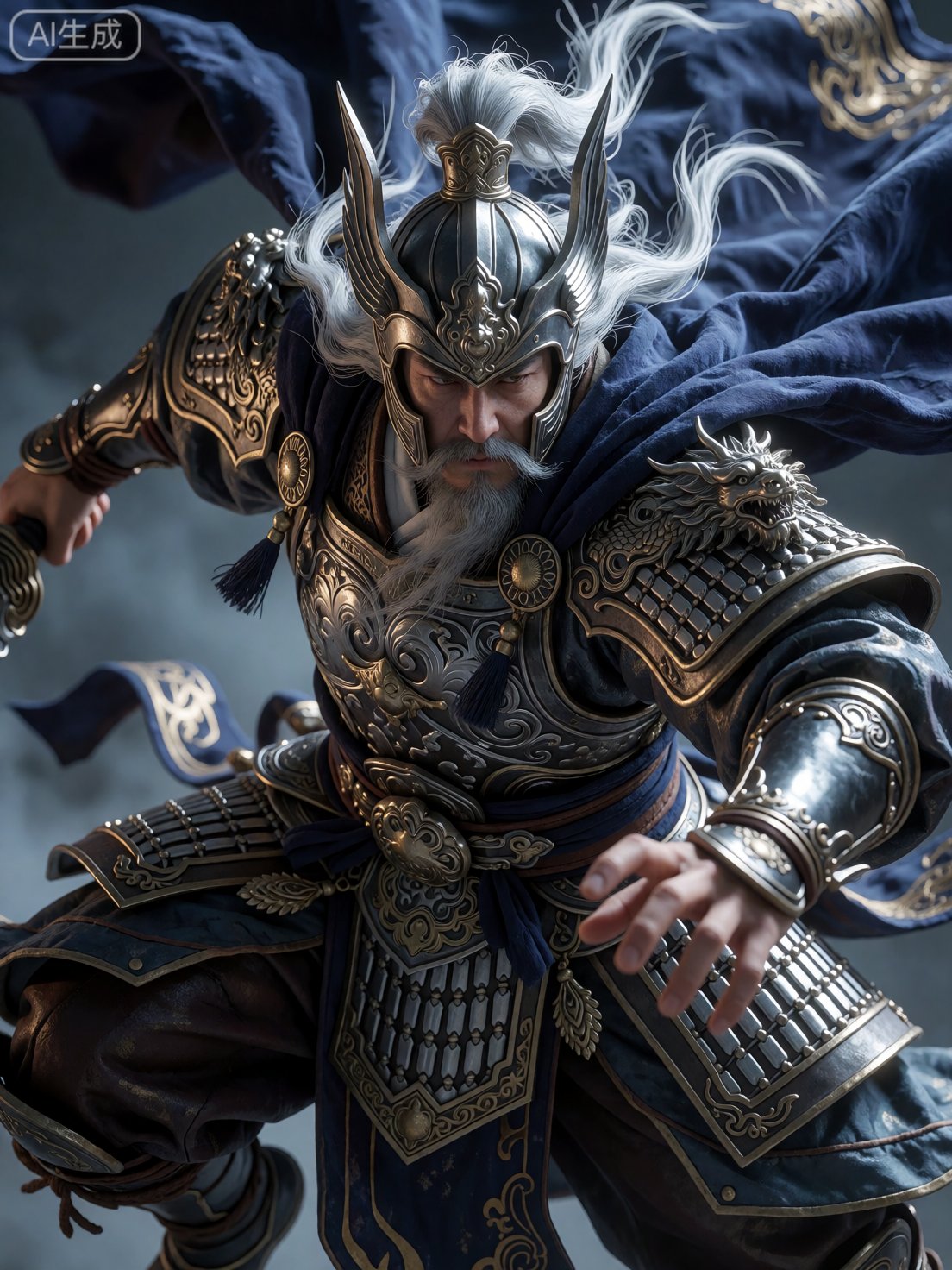 the image depicts a powerful,  armored warrior in dynamic motion,  he wears an elaborate suit of dark metallic armor with...