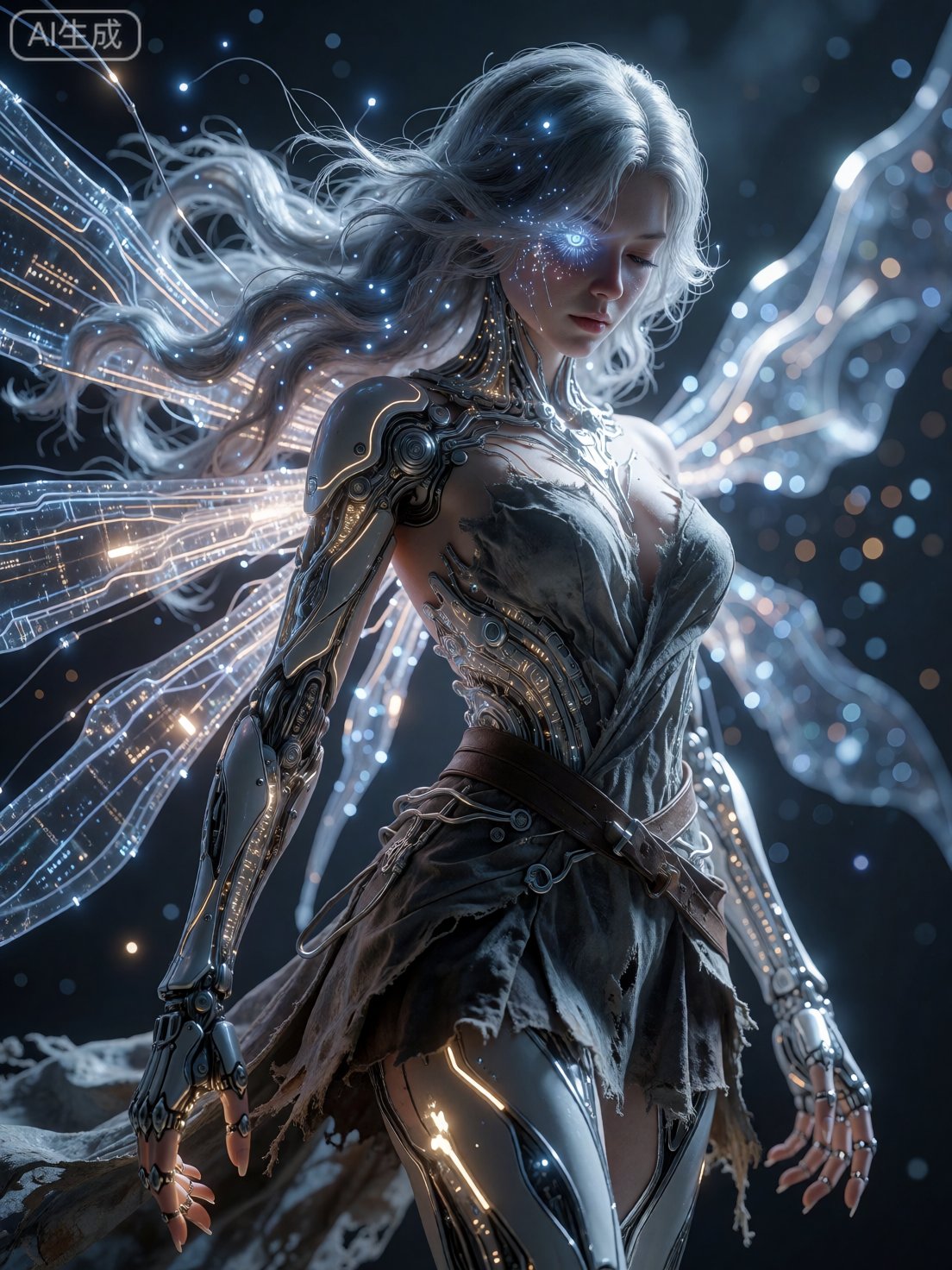 She hovers in a nebula made of data streams,  her silver hair flowing like liquid metal,  with small blue lights at the en...