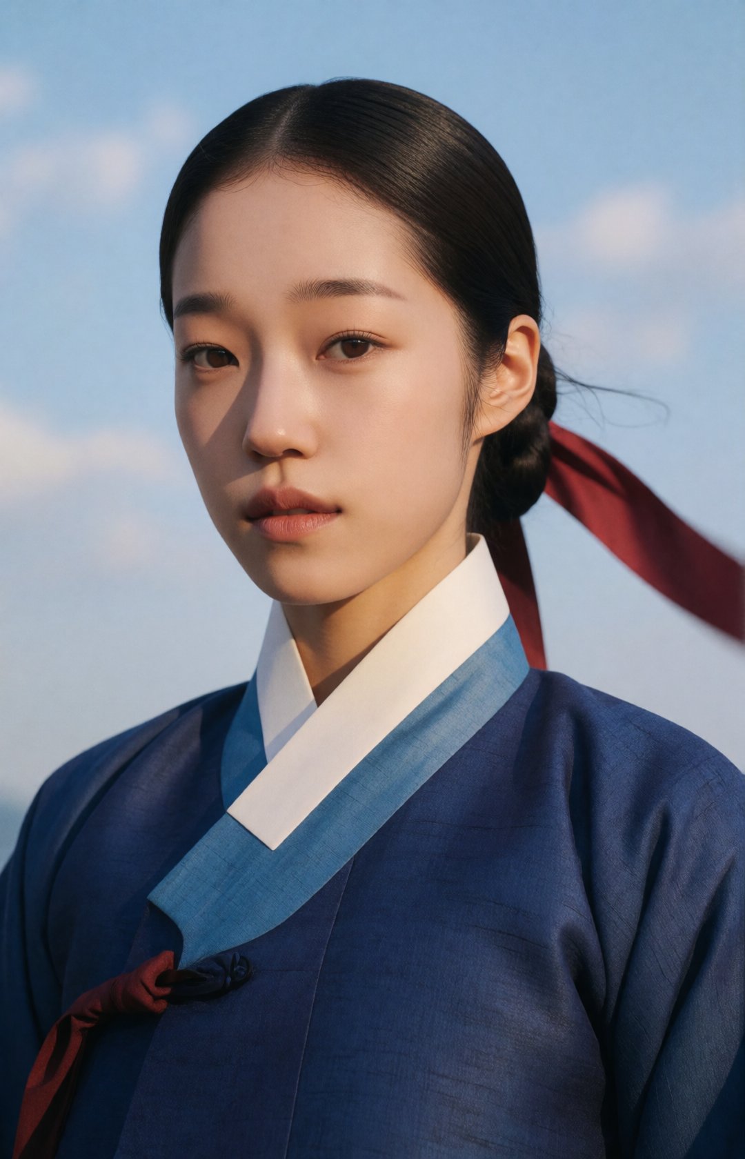 cinematic Joseon historical drama portrait,  strikingly beautiful young Korean court lady of the Joseon Dynasty,  wearing...