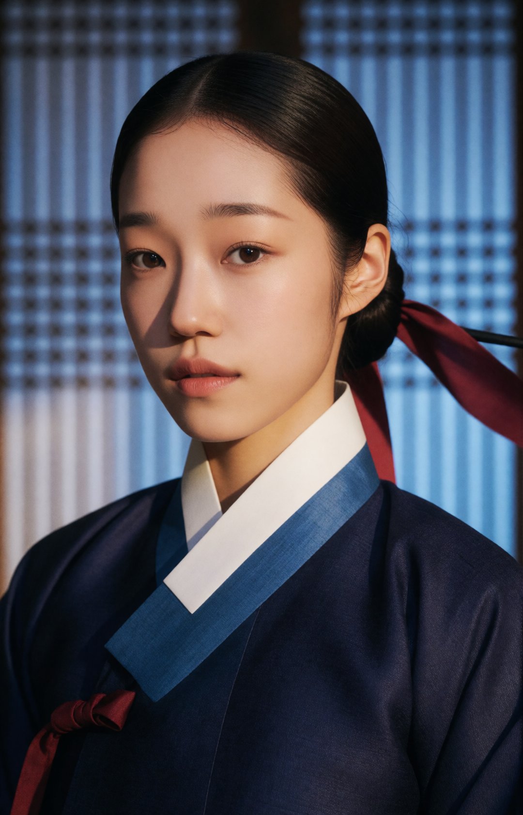 cinematic Joseon historical drama portrait,  strikingly beautiful young Korean court lady of the Joseon Dynasty,  wearing...
