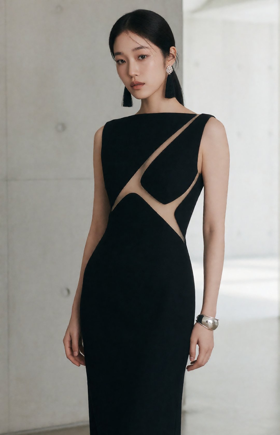 luxury monochrome fashion editorial,  strikingly beautiful young Korean woman,  captivating beauty by EclipseKww on Tensor...