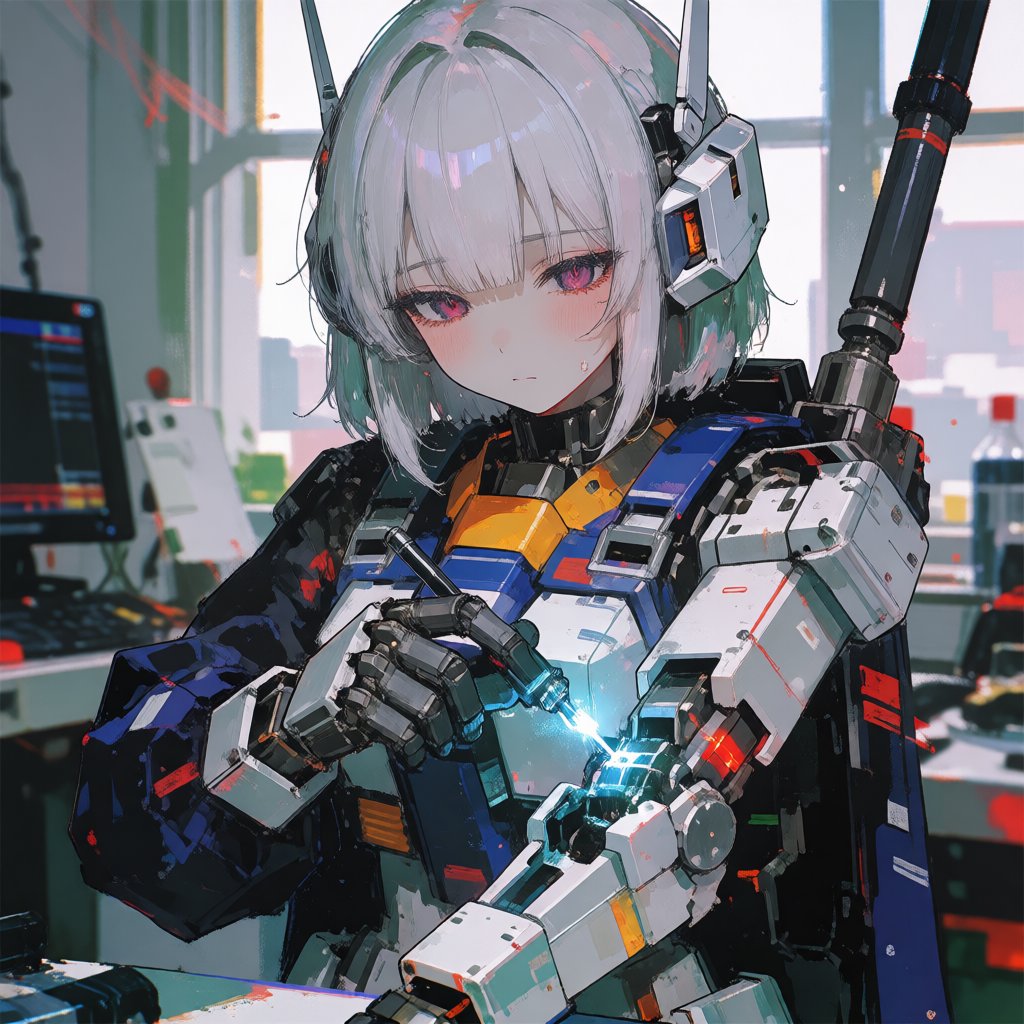 mecha girl fixing her broken arm,  face full of tears,  sad face by Izmys on Tensor.Art