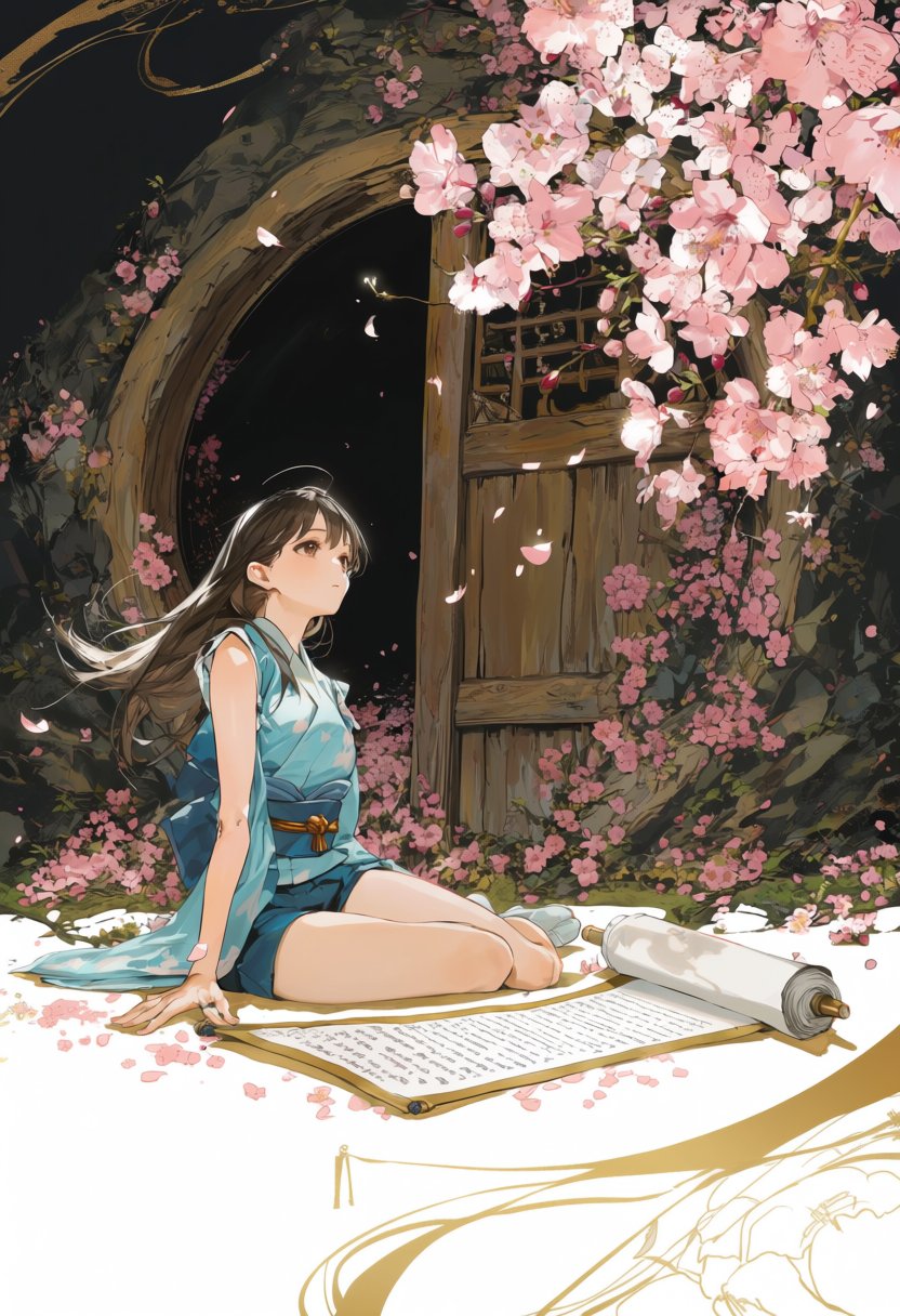 A beautiful Japanese girl in short blue is sitting on the ground,  with cherry blossoms floating next to her and hanging f...