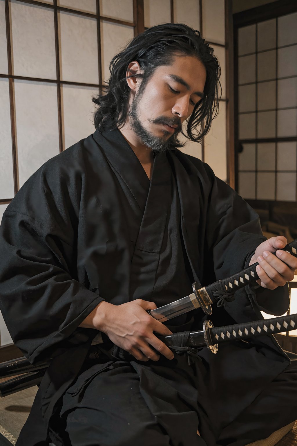 这张近景人像照片展示了一名成熟的亚裔男性,  他留着深黑色及肩长卷发,  头发略显凌乱自然 by RAY3780 on Tensor.Art