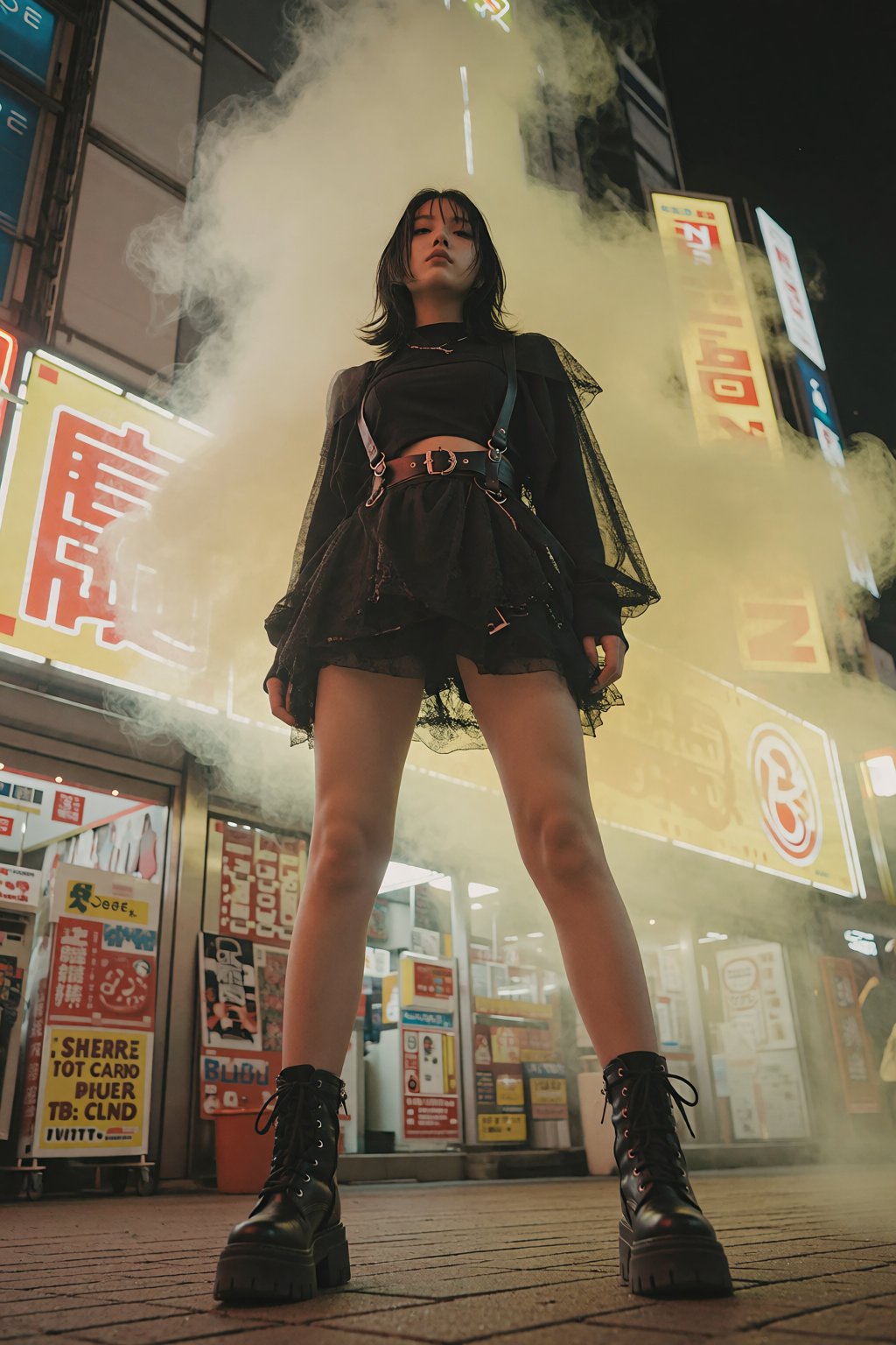 一位亚洲年轻女性站立在繁华的都市夜街中心,  镜头采用极低仰视视角,  展现出高大且具压迫感的身姿。她留着齐肩的黑色短发 by RAY3780 on Tensor.Art