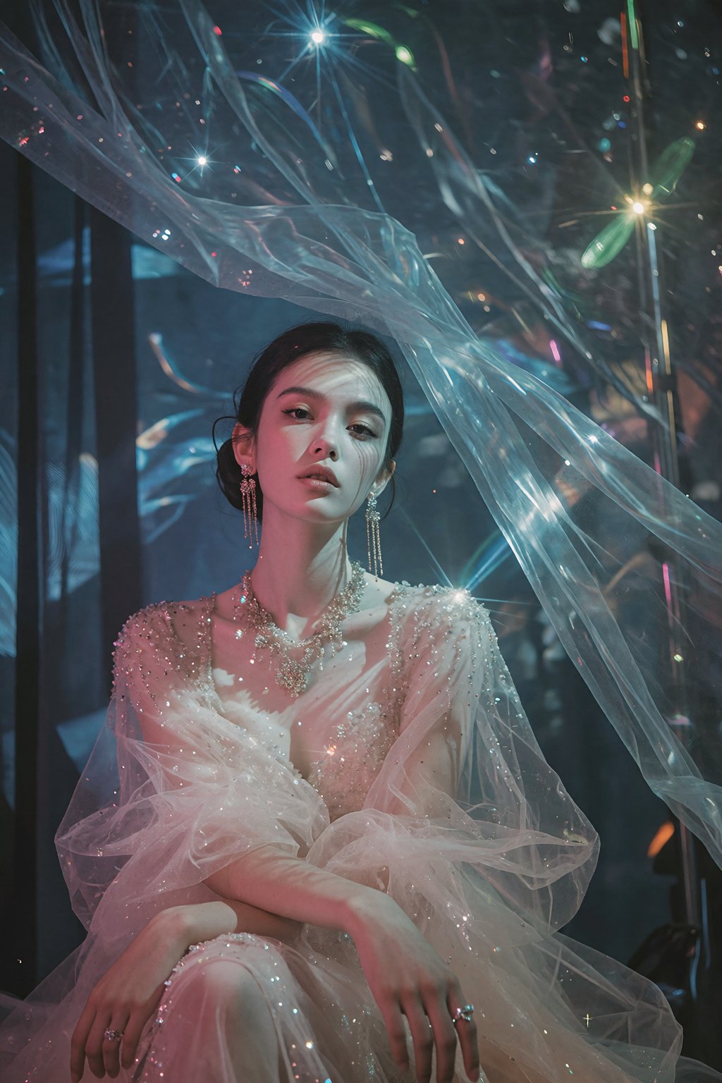 一位年轻女性端坐于画面中央,  身着一件缀满细密水晶与亮片的粉色透明薄纱礼服,  裙摆宽大蓬松如云朵般垂落 by RAY3780 on Tensor.Art