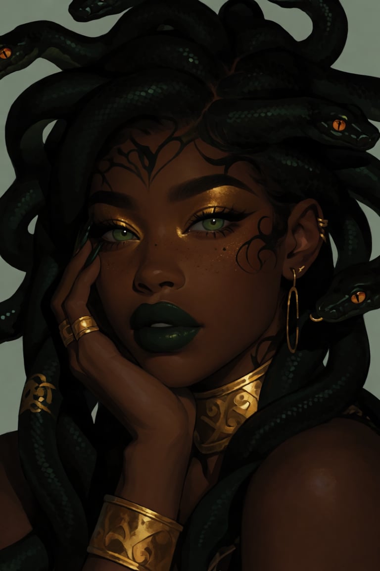 realistic portrait of a dark skinned woman resembling Medusa with black hair and golden makeup around her green eyes. She...
