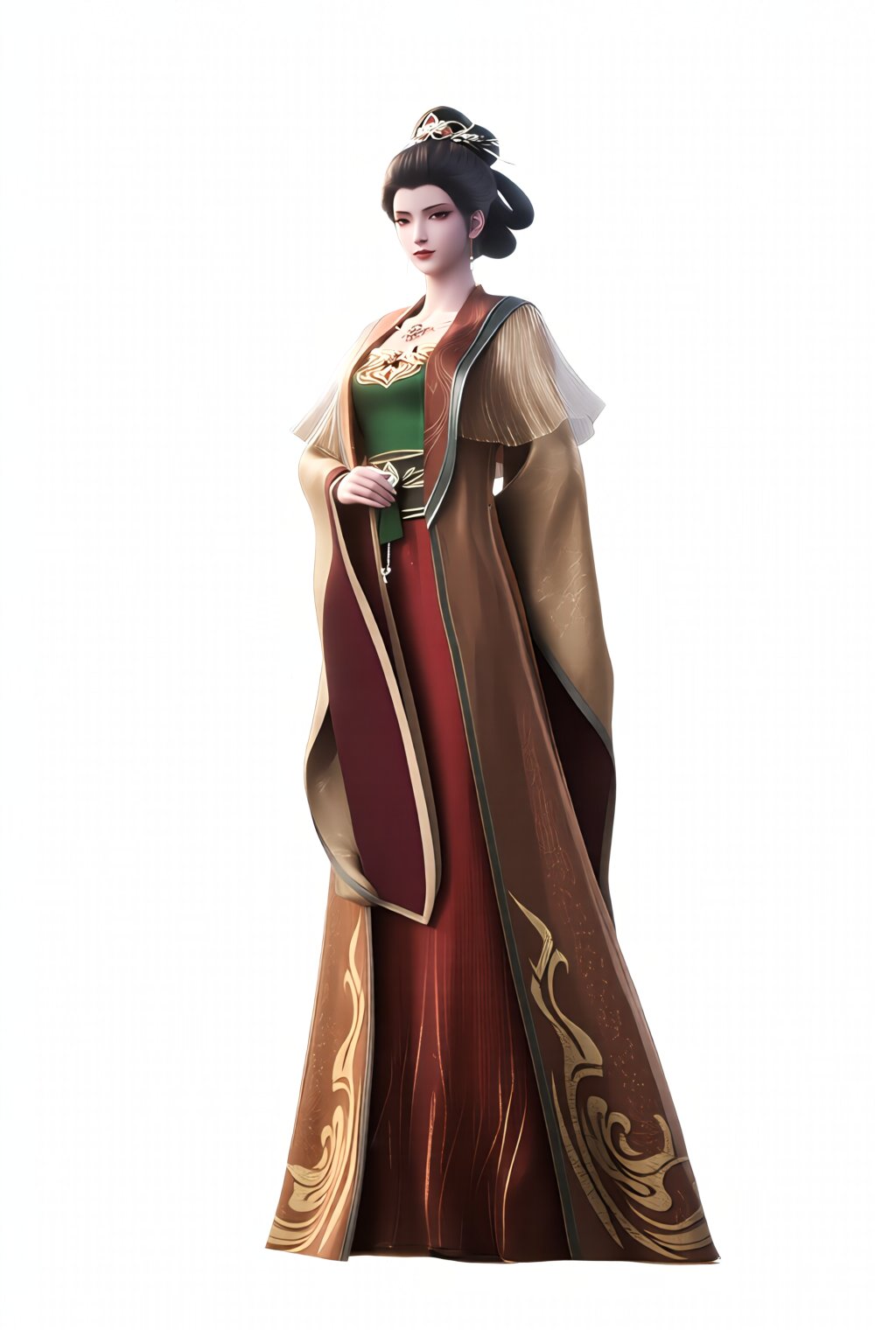 the image depicts a gracefully poised woman in an elaborate traditional east asian-inspired outfit,  her attire consists o...