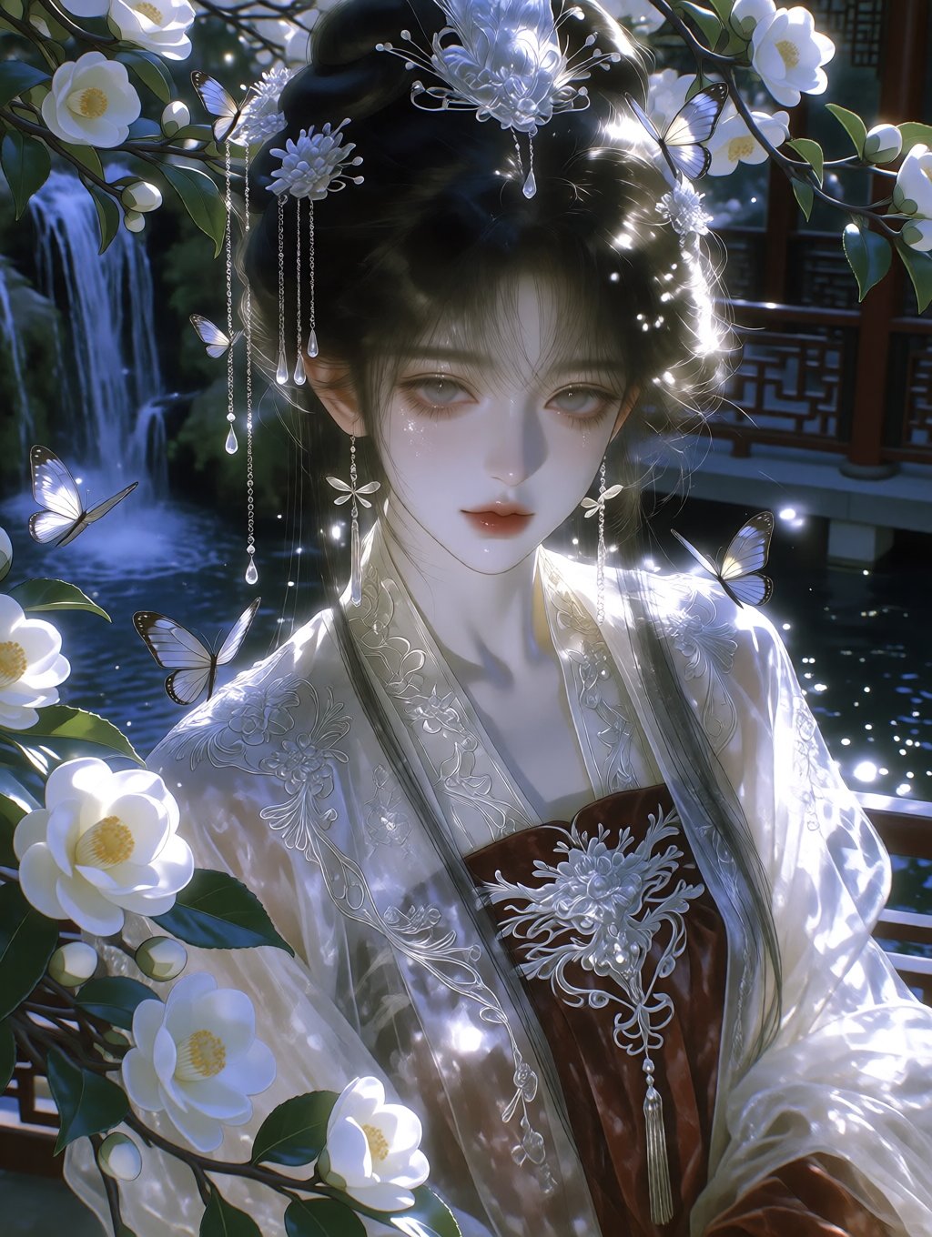 A ethereal and delicate beautiful young Chinese woman in her early 20s,  elegant classical hanfu beauty,  serene and grace...
