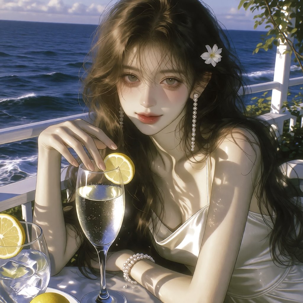 A photo-realistic shoot from the side about a young woman sitting at a table with a glass of sparkling wine and a slice of...
