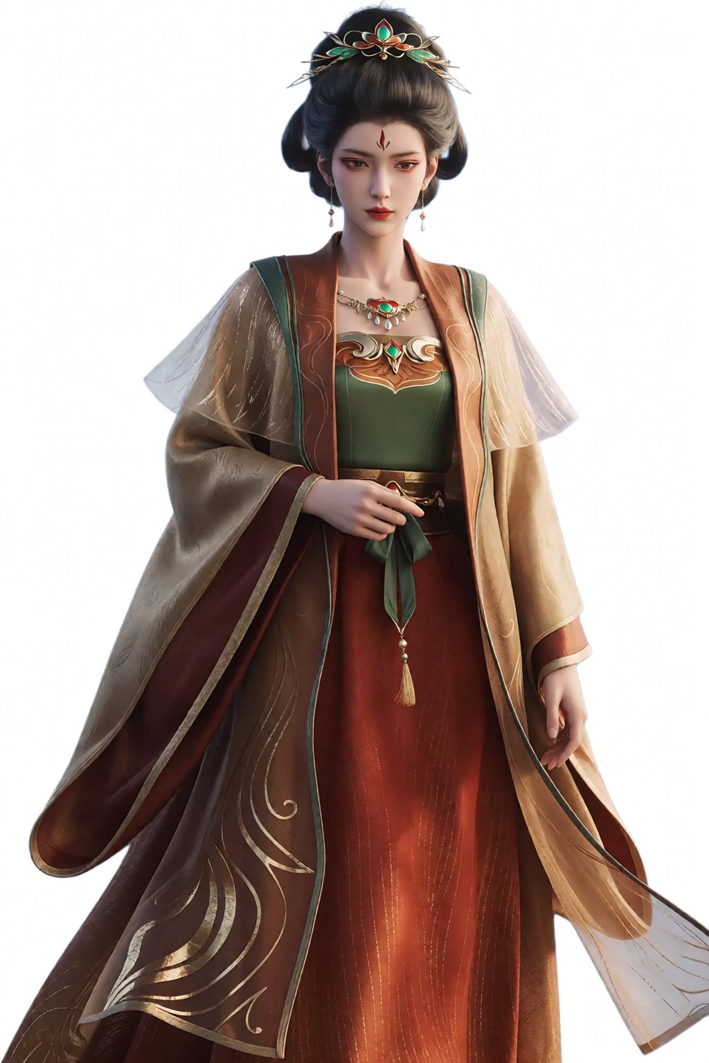 the image depicts a gracefully poised woman in an elaborate traditional east asian-inspired outfit,  her attire consists o...