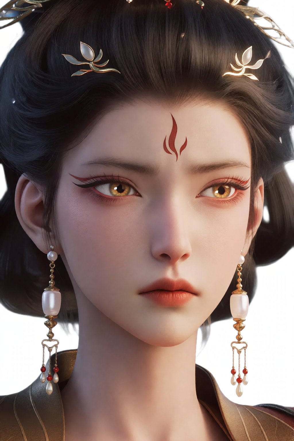 这是一幅高度详细的数字 CGI 肖像,  描绘的是一位空灵、皮肤白皙的女性,  她的五官精致得几乎像瓷器一样。她的深棕色头发盘成优雅的高髻 by 让AI更感性 on Tensor.Art