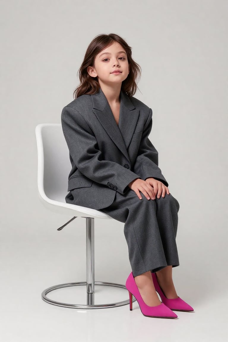 A little girl with playful expression wearing an elegant oversized charcoal gray business suit and giant magenta high heel...
