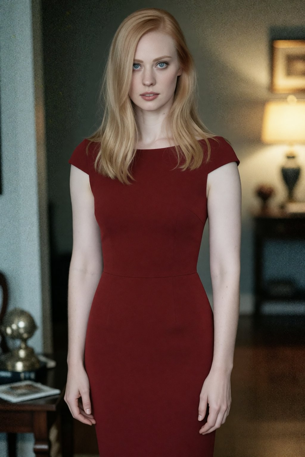 woD3b40ll a woman alone,  looking at viewer. she is only wearing a dark red ponte dress. film grain,  artistic framing by...