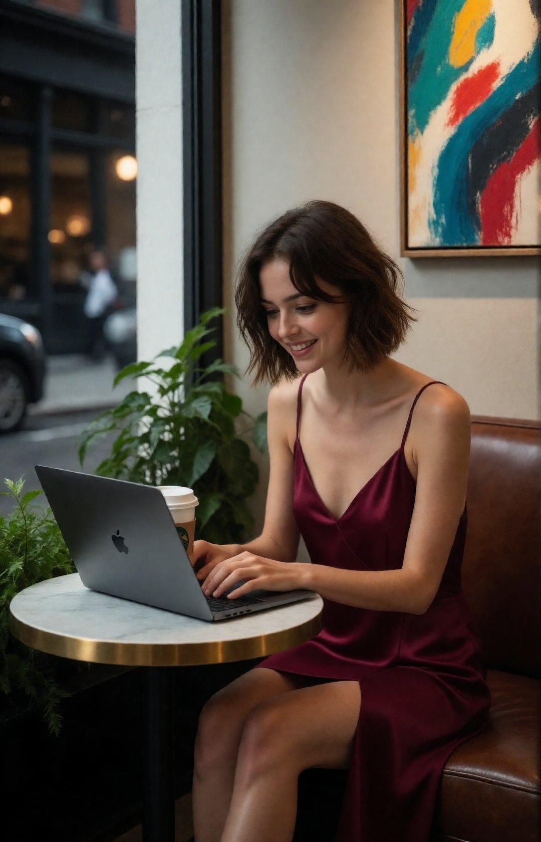 A candid lifestyle photo of a young woman sitting at her favorite café,  a coffee cup placed beside her on the table,  cas...