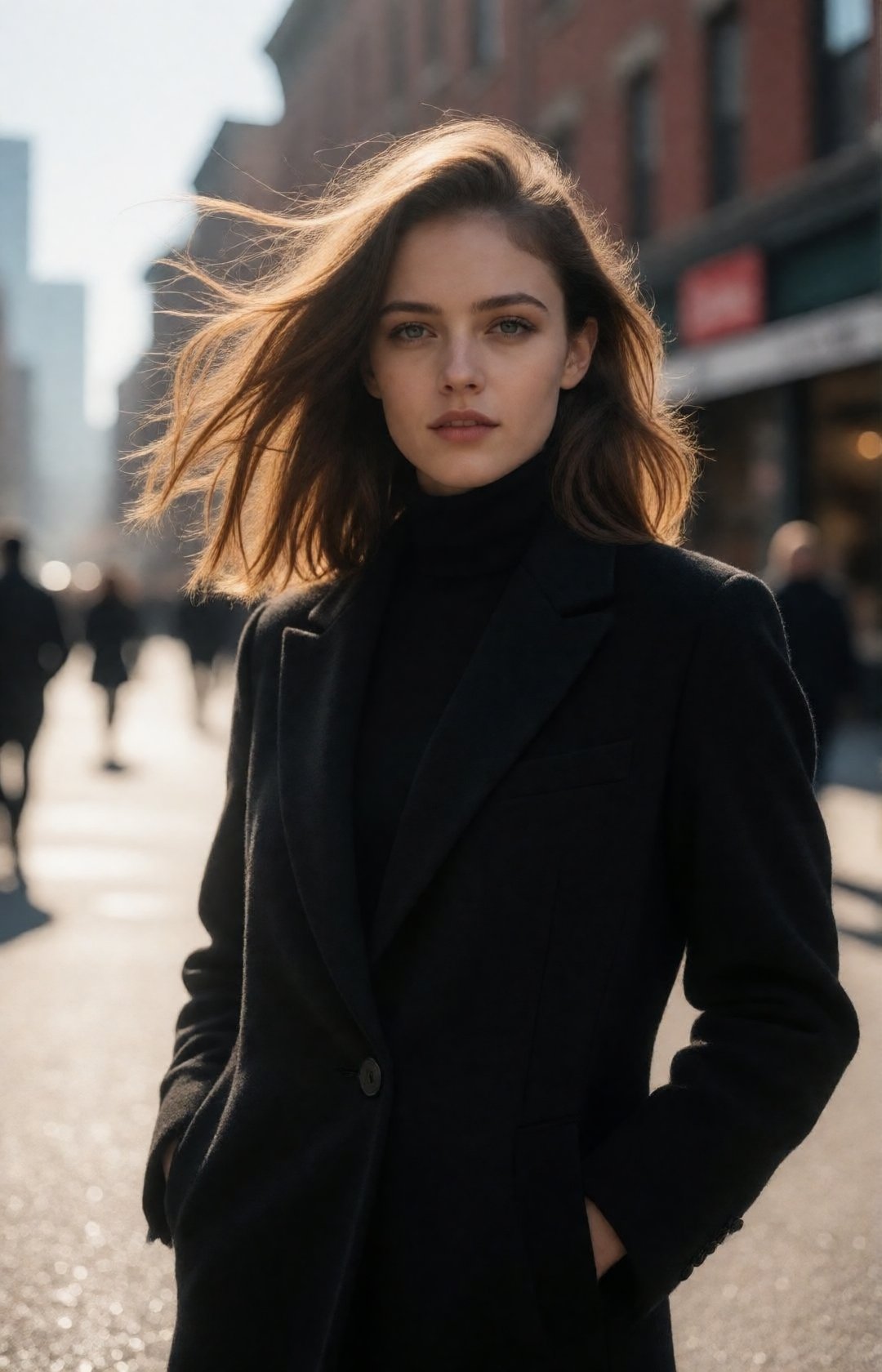 A realistic street portrait of a young woman on a breezy day,  long hair gently moving in the winter wind,  natural daylig...