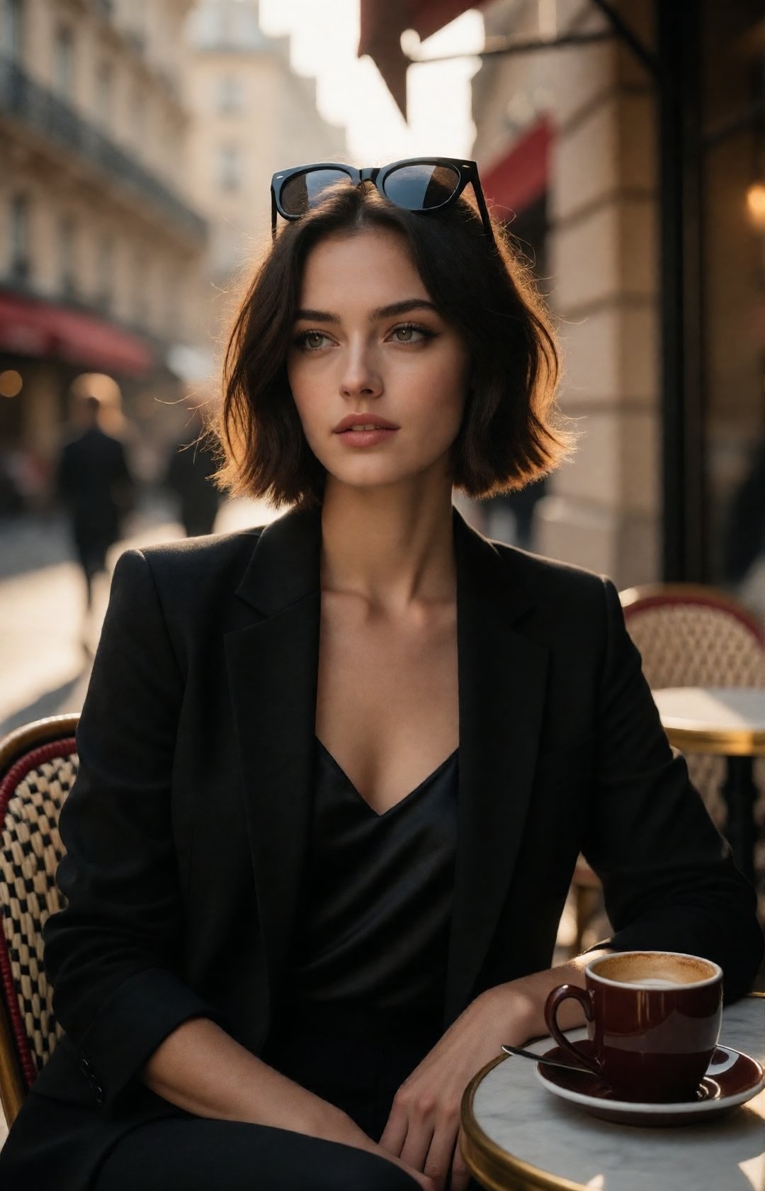 beautiful chic young woman,  comfortably seated at a stylish outdoor café in an elegant European city,  wearing a tailored...