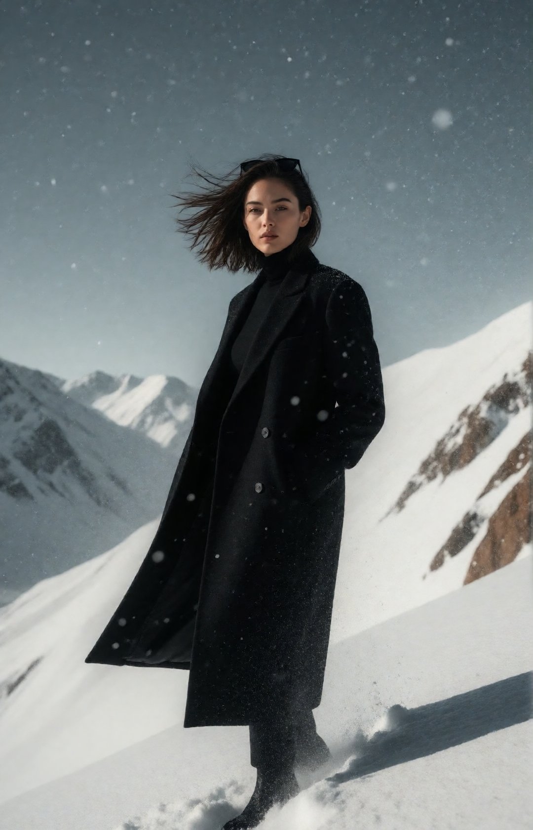A solitary woman in a long black coat stands on a vast snowy mountain ridge,  facing strong alpine winds,  her coat and ha...