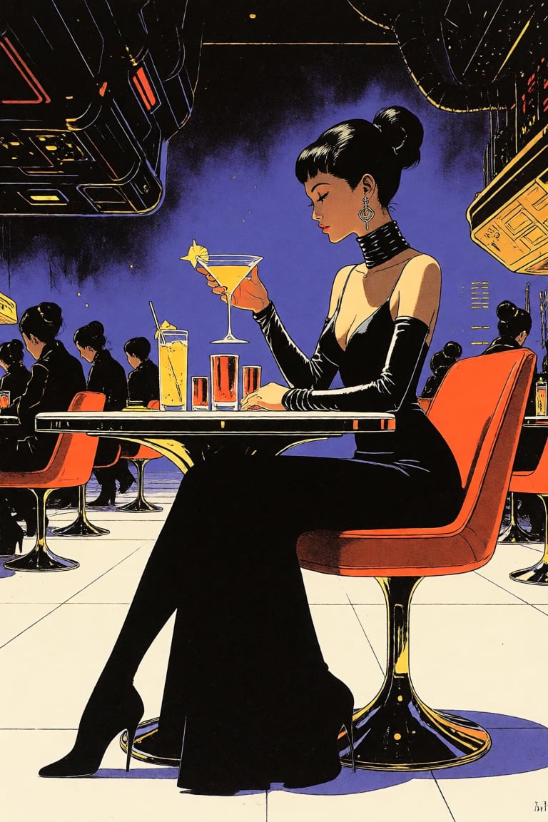 masterpiece,  best quality,  a woman holding a cocktail at a table for one in a futuristic nightclub by Invisidude on Tens...