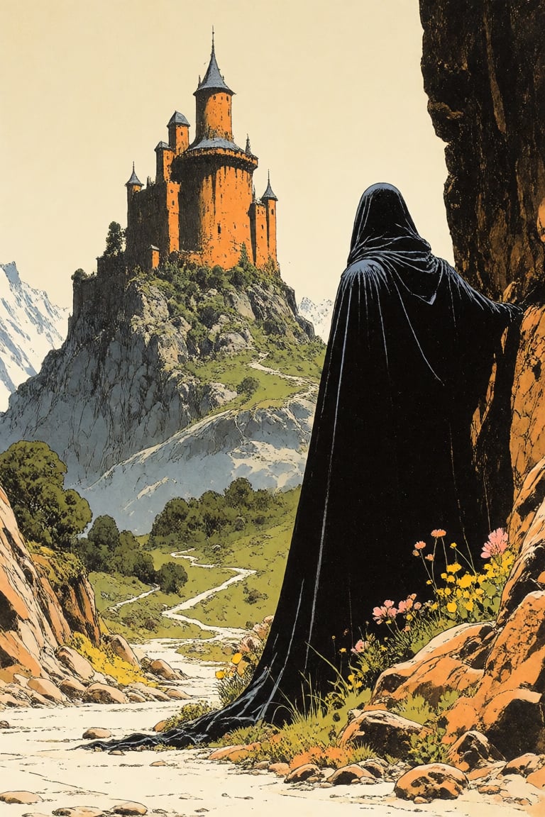 masterpiece,  best quality,  a mysterious figure in the foreground gazes out toward a distant castle on a mountain by Invi...