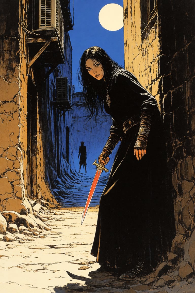 masterpiece,  best quality,  a woman lurking in an alleyway with a dagger glinting in the moonlight by Invisidude on Tenso...