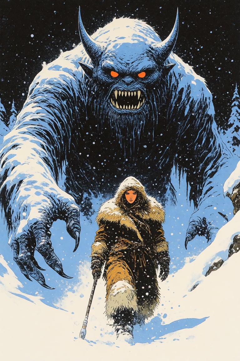 masterpiece,  best quality,  an abominable snow monster stalks a woman in furs through a snow storm by Invisidude on Tenso...