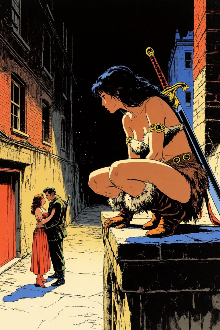 masterpiece,  best quality,  a woman with a sword in a fur bikini and loincloth crouches on a rooftop at night by Invisidu...
