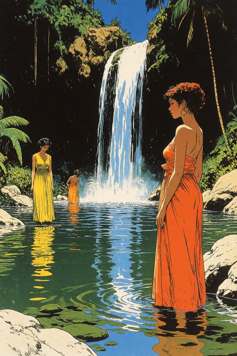 masterpiece,  best quality,  a candid scene of women bathing in a tropical pond with a waterfall by Invisidude on Tensor.Art
